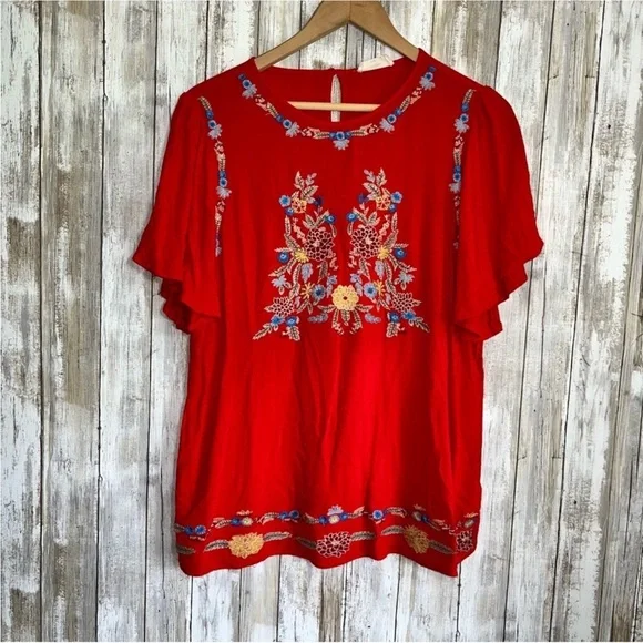 Entro Embroidered Floral Red Blouse - Picture 2 of 7